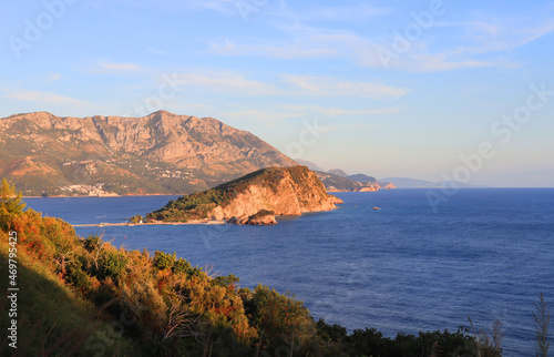 View of St. Nicholas Island from observation desk in Budva, Montenegro