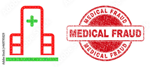 Lowpoly triangulated clinic building icon illustration with Medical Fraud scratched seal print. Red stamp seal contains Medical Fraud tag inside round form.