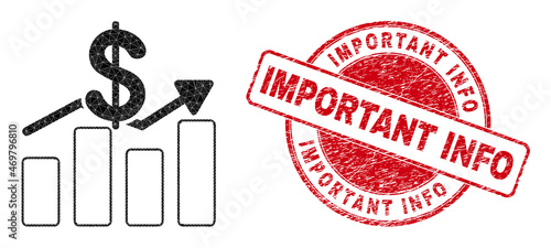 Low-Poly polygonal dollar trends symbol illustration with IMPORTANT INFO unclean seal print. Red stamp includes Important Info caption inside round shape.