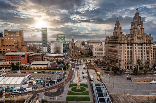 Aerial view of the Liverpool skyline including the Roman Catholic Cathedral church and the Mersey photo