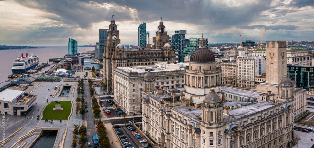 Aerial view of the Liverpool skyline including the Roman Catholic Cathedral church and the Mersey