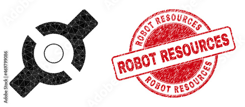Low-Poly polygonal artificial joint symbol illustration, and Robot Resources rubber seal imitation. Red seal contains Robot Resources title inside circle shape.