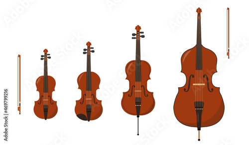 Set of Classical orchestral Stringed Bowed musical instruments isolated on white background. Wooden Violin  Viola  Cello and Double Bass icons with bows. Vector illustration in flat or cartoon style.