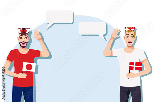 The concept of international communication, sports, education, business between Japan and Denmark. Men with Japanese and Danish flags. Vector illustration.
