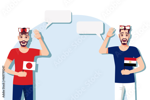 Vector illustration of people speaking the languages of Japan and Egypt. Illustration of translation, transcription and dialogue between Japan and Egypt.