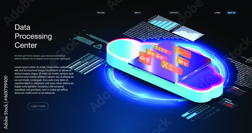 Futuristic microchip processor with lights on the blue background.  Futuristic microchip processor with lights on the blue background. Quantum computer, large data processing