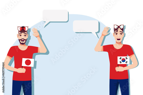 Men with Japanese and South Korean flags. The concept of international communication, education, sports, travel, business. Dialogue between Japan and South Korea. Vector illustration.