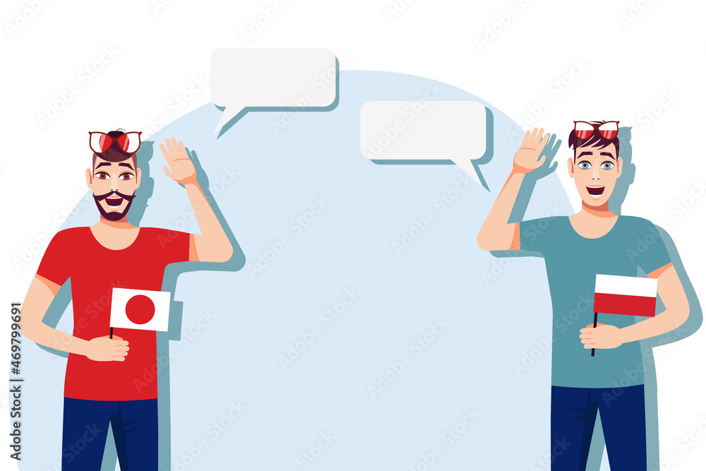 Men with Japanese and Polish flags. Background for text. Communication between native speakers of Japan and Poland. Vector illustration. Men with Japanese and Polish flags. Background for text. Communication between native speakers of Japan and Poland. Vector illustration.