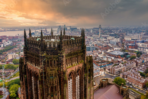 Aerial view of the Liverpool Cathedral or the Cathedral Church of the Risen Christ in Liverpool  UK