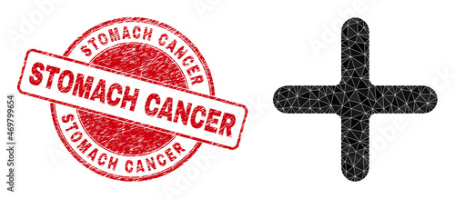 Low-Poly triangulated cross icon illustration with Stomach Cancer textured stamp seal. Red stamp contains Stomach Cancer tag inside round shape. Cross icon is filled using triangles.