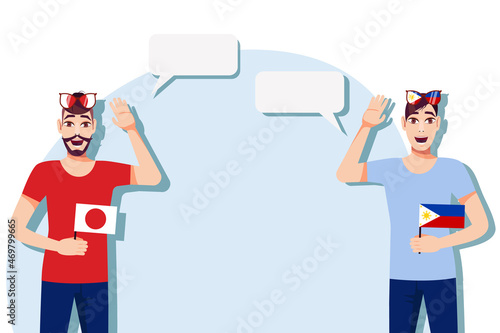 The concept of international communication, sports, education, business between Japan and the Philippines. Men with Japanese and Philippine flags. Vector illustration.