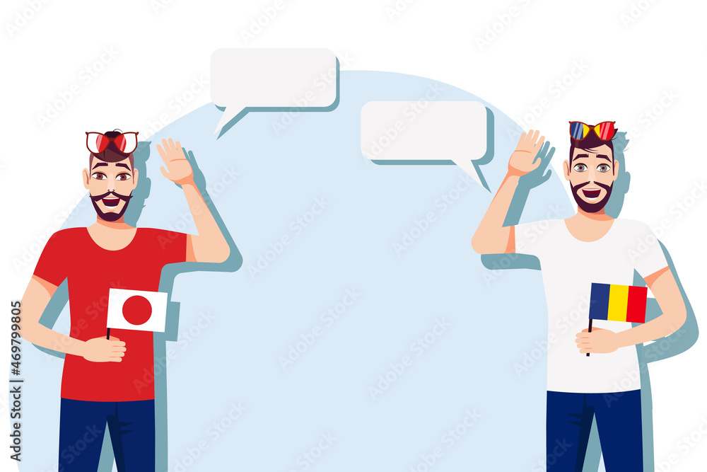 Men with Japanese and Romanian flags. Background for the text. Communication between native speakers of the language. Vector illustration. Men with Japanese and Romanian flags. Background for the text. Communication between native speakers of the language. Vector illustration.