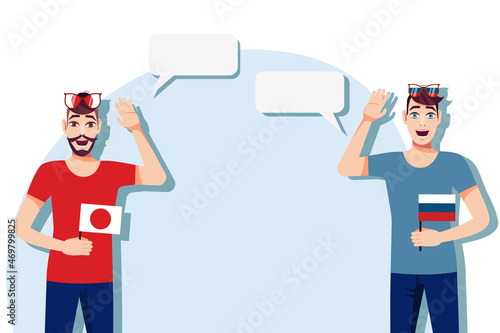 Men with Japanese and Russian flags. The concept of international communication, education, sports, travel, business. Dialogue between Japan and Russia. Vector illustration.