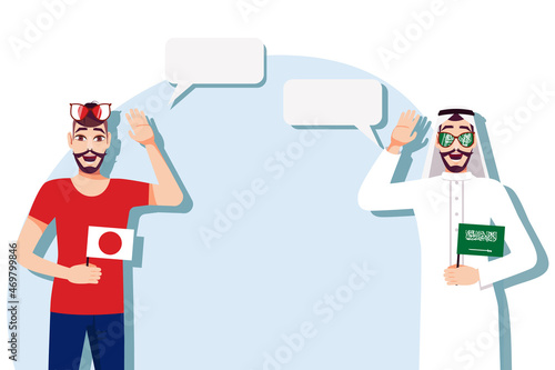 The concept of international communication, sports, education, business between Japan and Saudi Arabia. Men with Japanese and Saudi flags. Vector illustration.