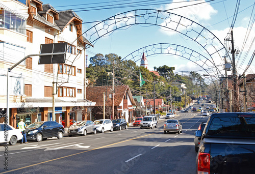 Sunny day in one of Gramado streets' entrance, and with low traffic, southern Brazil.