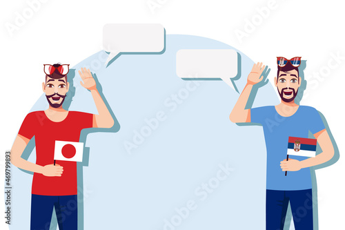 Men with Japanese and Serbian flags. Background for text. Communication between native speakers of Japan and Serbia. Vector illustration.