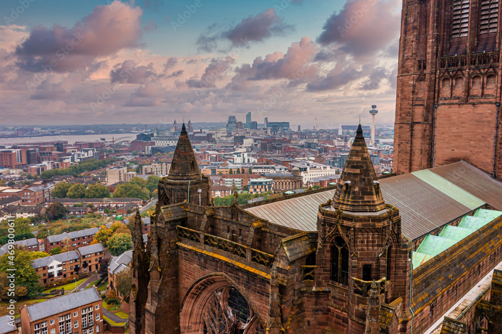 Fototapeta premium Aerial view of the Liverpool Cathedral or the Cathedral Church of the Risen Christ in Liverpool, UK
