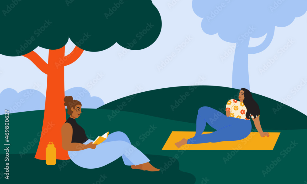 Fototapeta premium Illustration of two women relaxing at the park