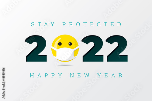 2022 Numerals Logo with Smiling Face Wearing Medical Mask and Stay Protected Lettering Happy New Year Greeting Concept - Yellow on White Background - Mixed Graphic Design