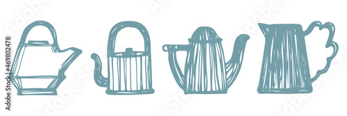 set of 4 vintage teapots isolated on white background. hand drawn tea time collection in doodle style. good for textile and fabric, packaging or wrapping paper design, print. 