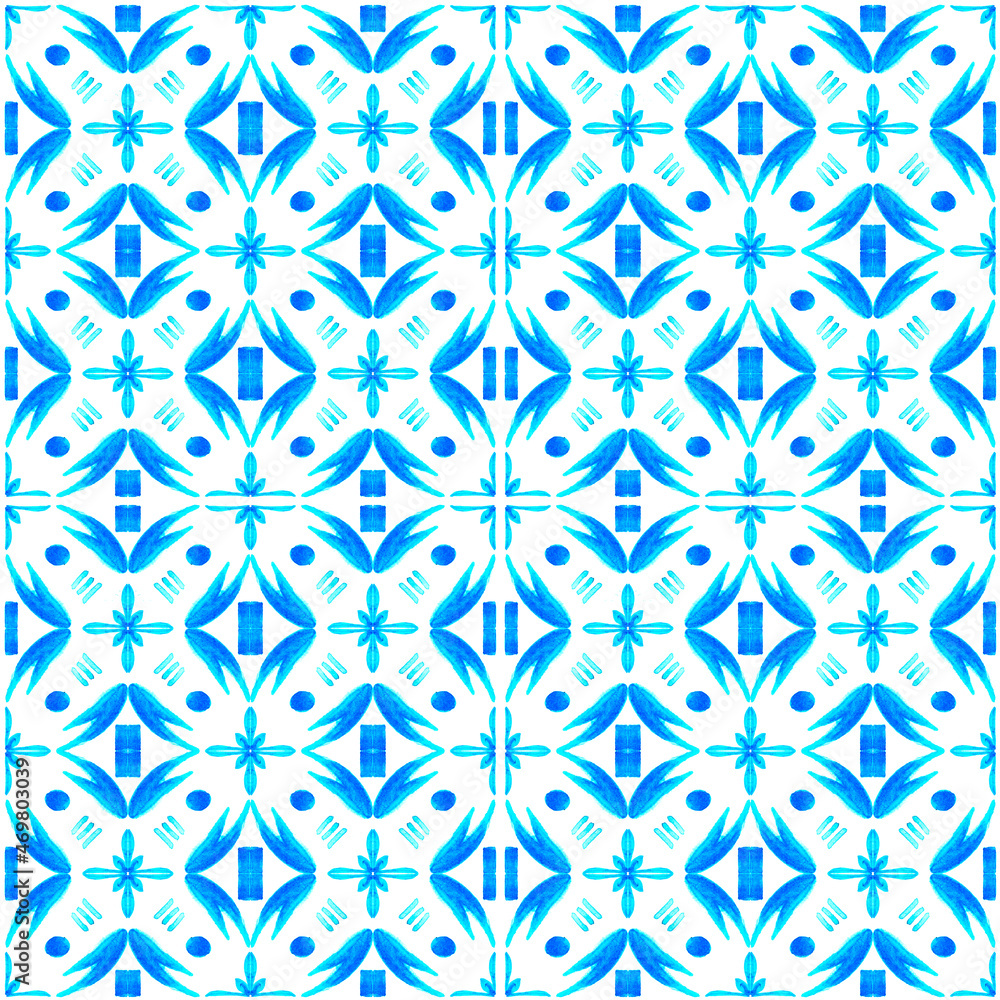 Azulejo watercolor seamless pattern. Traditional Portuguese ceramic tiles. Hand drawn abstract background. Watercolor artwork for textile, wallpaper, print, swimwear design. Blue azulejo pattern.
