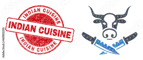 Lowpoly polygonal cow butchery icon illustration with INDIAN CUISINE rubber watermark. Red stamp seal includes Indian Cuisine caption inside round form.