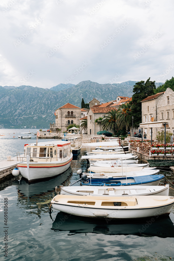 Boat dock with fences off the coast of Perast. Montenegro