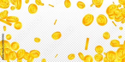 British pound coins falling. Lovely scattered GBP coins. United Kingdom money. Beauteous jackpot, wealth or success concept. Vector illustration.