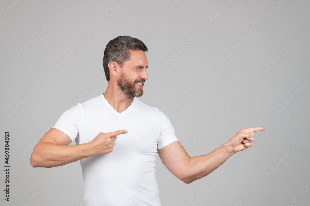 Place advert here. Happy man pointing fingers. Advertisement. Your advert everywhere, copy space Place advert here. Happy man pointing fingers. Advertisement. Your advert everywhere, copy space