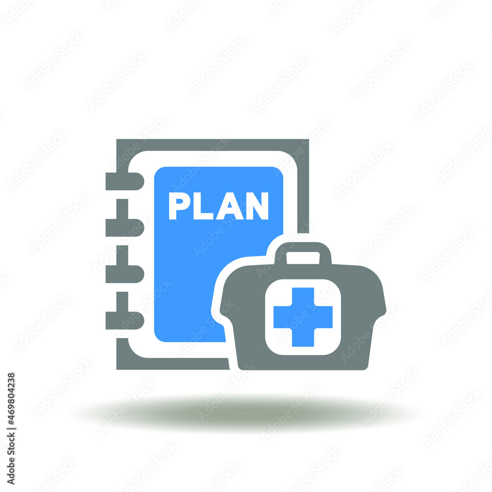 Vector illustration of book or journal with plan text and medical first aid kit. Icon of emergency preparedness plan. Symbol of evacuation plan. Vector illustration of book or journal with plan text and medical first aid kit. Icon of emergency preparedness plan. Symbol of evacuation plan.