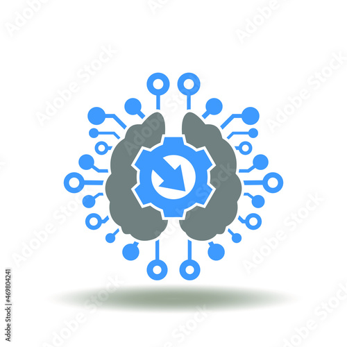 Vector illustration of brain with circuit flowchart and gear with integrated arrow. Icon of integration API. Symbol of Application Programming Interface.