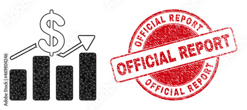 Lowpoly triangulated dollar trends symbol illustration with Official Report scratched seal print. Red stamp seal includes Official Report caption inside round shape.
