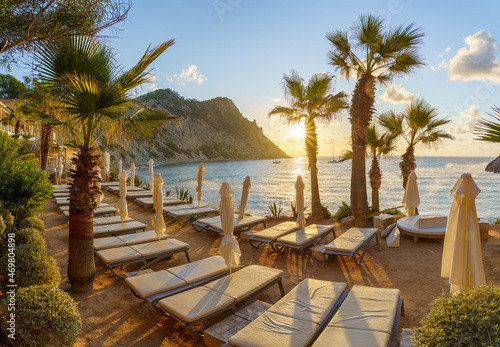 Fototapeta Naklejka Na Ścianę i Meble -  Landscape with Sol d'en Serra beach at sunrise time, Ibiza islands, Spain