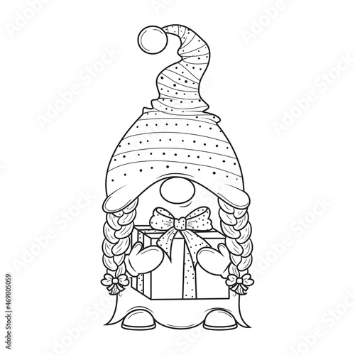 Cute cartoon Christmas gnome with box of gift for coloring book