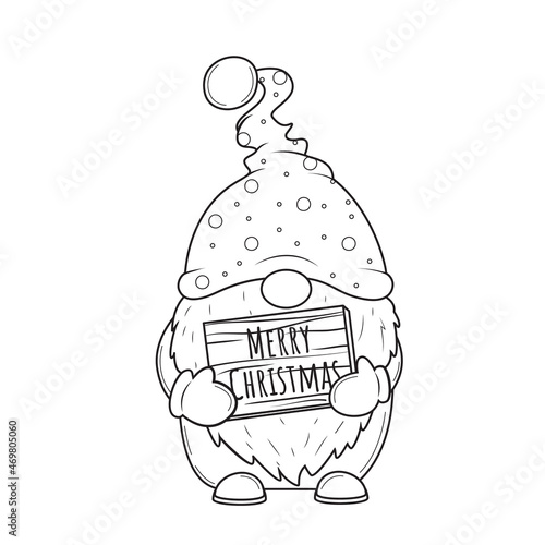 Cute cartoon Christmas gnome with wood board for coloring book
