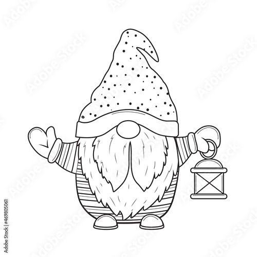 Cute cartoon Christmas gnome with vintage lantern for coloring book
