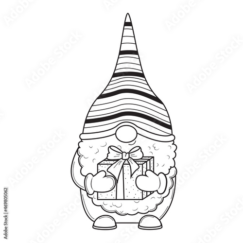 Cute cartoon Christmas gnome with box of gift for coloring book