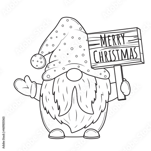 Cute cartoon Christmas gnome with wood board for coloring book