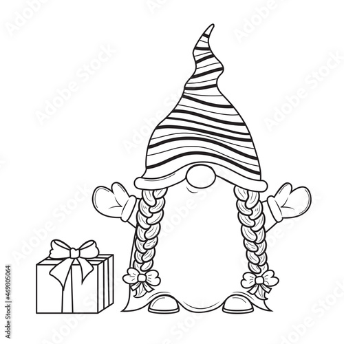 Cute cartoon Christmas gnome with box of gift for coloring book