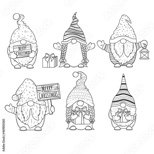 Set of cute cartoon Christmas gnomes with box of gift for coloring book