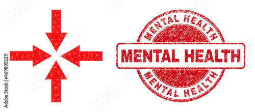 Low-Poly triangulated collapse arrows icon illustration, and Mental Health corroded seal print. Red seal includes Mental Health text inside round shape. Collapse arrows icon is filled with triangles.