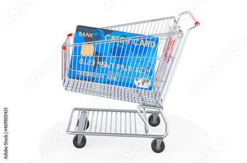 Credit card inside shopping cart, 3D rendering