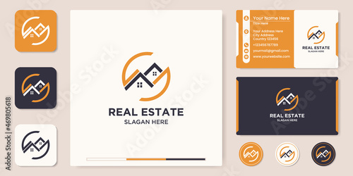 real estate logo design with abstract hand, sticker, icon, and business card design