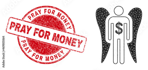 Low-Poly triangulated angel investor symbol illustration, and Pray for Money unclean seal. Red seal has Pray for Money text inside round it. Angel investor icon is filled using triangles.