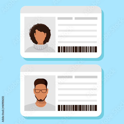 Plastic ID cards of a woman and a man with dark skin. Identity card, driver's license, identity verification, personal data. Vector illustration.