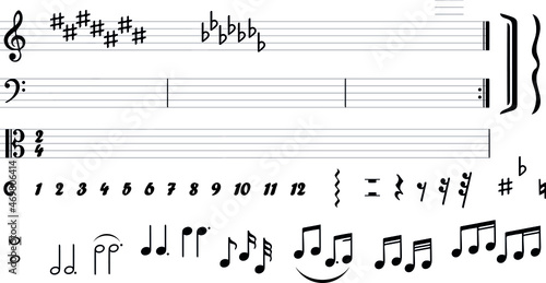 Set of basic black icons of bars notes, rests and isolated musical symbols. Musical design. Images for musical time signature formula. Musical clefs. Melody symbol pattern.
