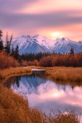 Ingelijste posters Meloenkleur Warme zonsopkomst boven Banff bergen  © Lisa
