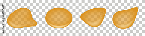 Honey drops, maple syrup melted  drip.  Liquid splash. Sweet dessert; fruit orange juice; caramel; leaking sauce. Isolated on transparent background. Vector illustration