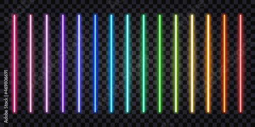 Neon glowing sticks, laser beams, rainbow iridescent spectrum colorful lines. Fluorescent electric light effect. Isolated rays on dark transparent background. Vector illustration