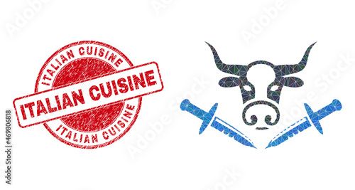 Low-Poly polygonal cow butchery knives symbol illustration with ITALIAN CUISINE rubber stamp seal. Red stamp seal includes Italian Cuisine caption inside circle form.
